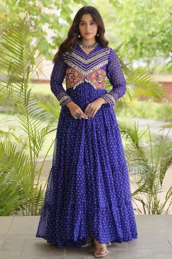 Blue faux georgette bandhni print with kutchi patche work ruffle navratri gown