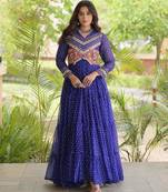 Blue faux georgette bandhni print with kutchi patche work ruffle navratri gown