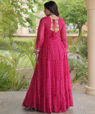 Pink faux georgette bandhni print with kutchi patche work ruffle navratri gown 2