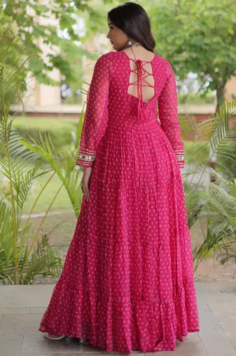 Pink faux georgette bandhni print with kutchi patche work ruffle navratri gown