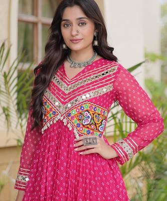 Pink faux georgette bandhni print with kutchi patche work ruffle navratri gown 3