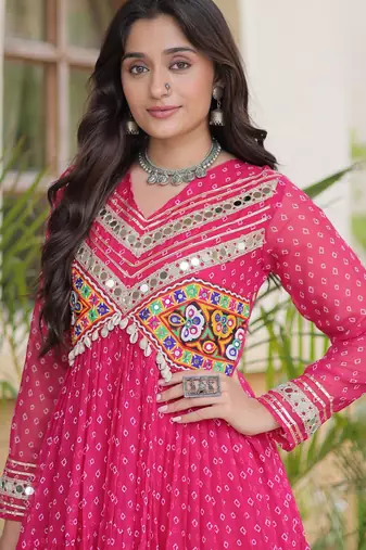 Pink faux georgette bandhni print with kutchi patche work ruffle navratri gown