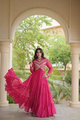 Pink faux georgette bandhni print with kutchi patche work ruffle navratri gown 4