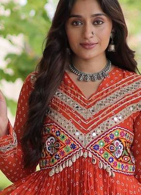 Rust faux georgette bandhni print with kutchi patche work ruffle navratri gown 2
