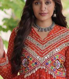 Rust faux georgette bandhni print with kutchi patche work ruffle navratri gown