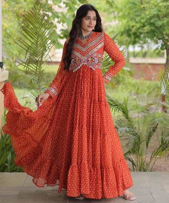 Rust faux georgette bandhni print with kutchi patche work ruffle navratri gown 1