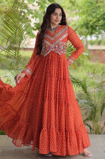 Rust faux georgette bandhni print with kutchi patche work ruffle navratri gown