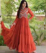 Rust faux georgette bandhni print with kutchi patche work ruffle navratri gown