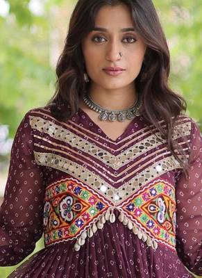 Wine faux georgette bandhni print with kutchi patche work ruffle navratri gown 2