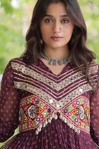 Wine faux georgette bandhni print with kutchi patche work ruffle navratri gown