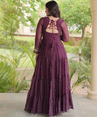 Wine faux georgette bandhni print with kutchi patche work ruffle navratri gown 3