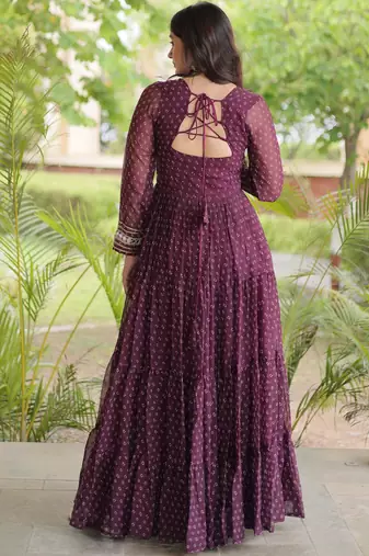 Wine faux georgette bandhni print with kutchi patche work ruffle navratri gown