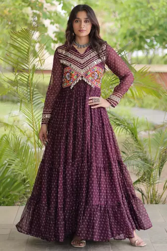 Wine faux georgette bandhni print with kutchi patche work ruffle navratri gown