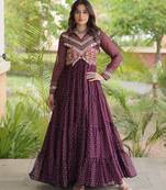 Wine faux georgette bandhni print with kutchi patche work ruffle navratri gown