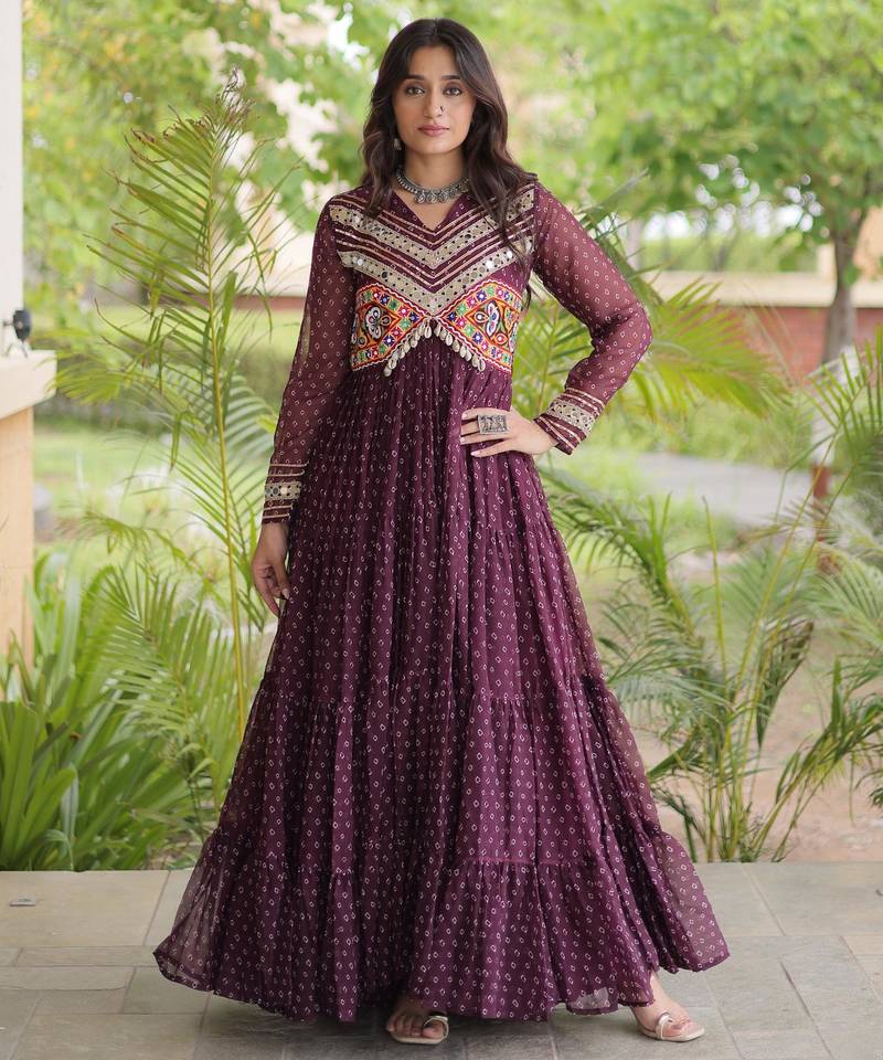 Wine faux georgette bandhni print with kutchi patche work ruffle navratri gown