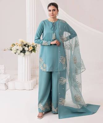 Blue crepe readymade suit with embroidery & sequence work 1