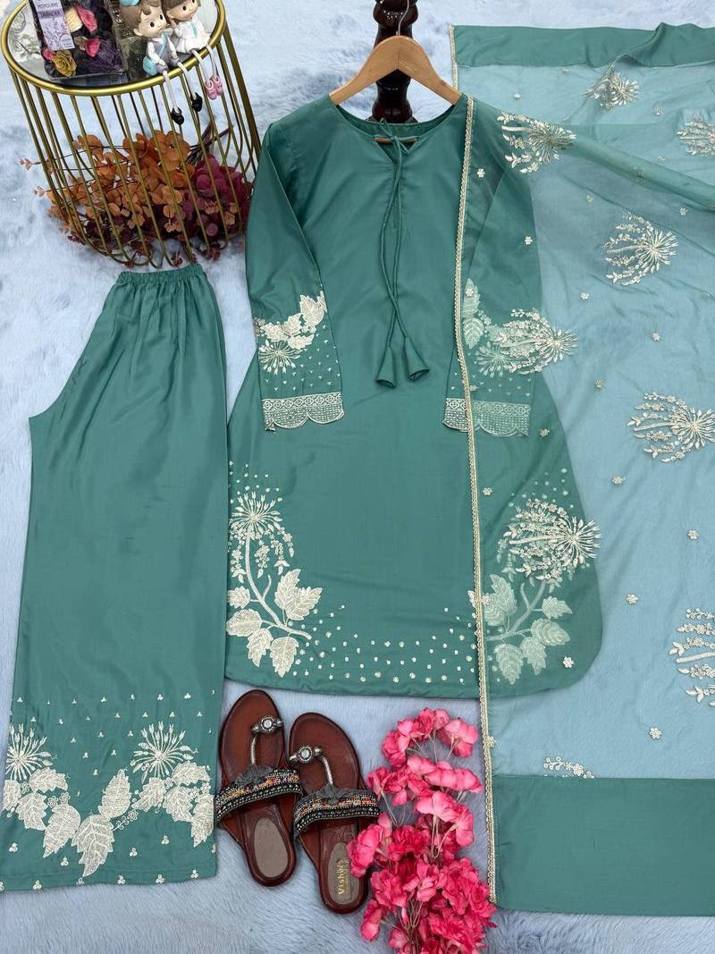 Blue crepe readymade suit with embroidery & sequence work