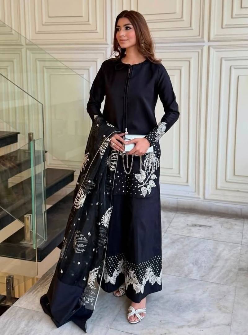 Black crepe readymade suit with embroidery & sequence work
