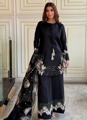 Black crepe readymade suit with embroidery & sequence work 2