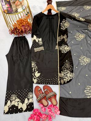 Black crepe readymade suit with embroidery & sequence work 3
