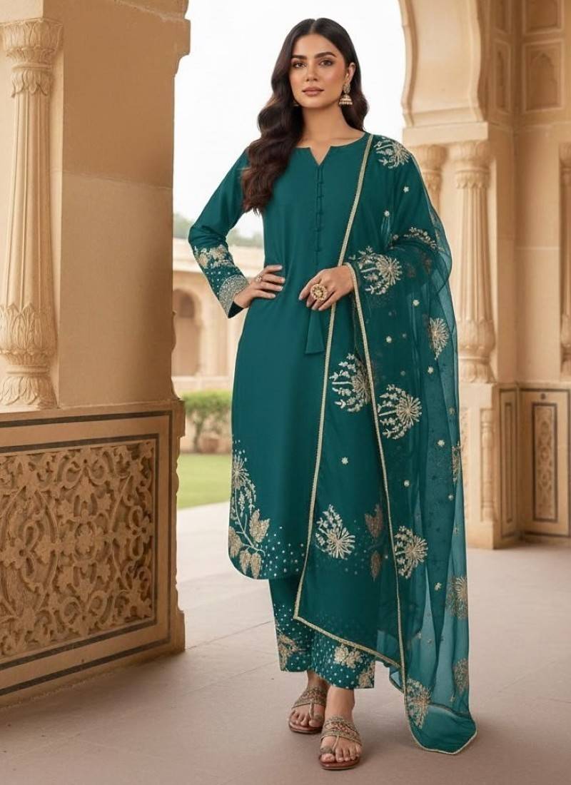 Emerald crepe readymade suit with embroidery & sequence work