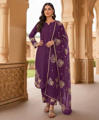 Wine crepe readymade suit with embroidery & sequence work 1
