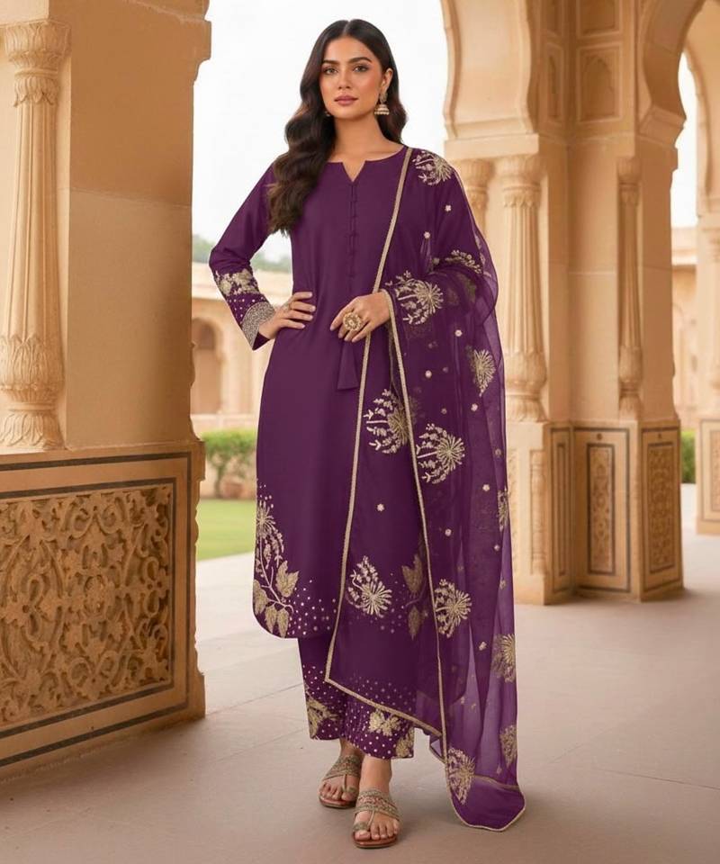 Wine crepe readymade suit with embroidery & sequence work