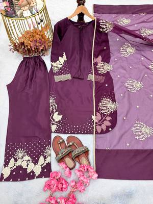 Wine crepe readymade suit with embroidery & sequence work 2
