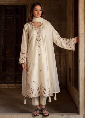 White silk blend readymade suit with embroidery & sequence work 1