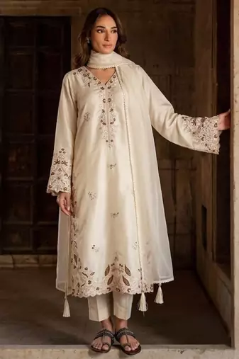 White silk blend readymade suit with embroidery & sequence work
