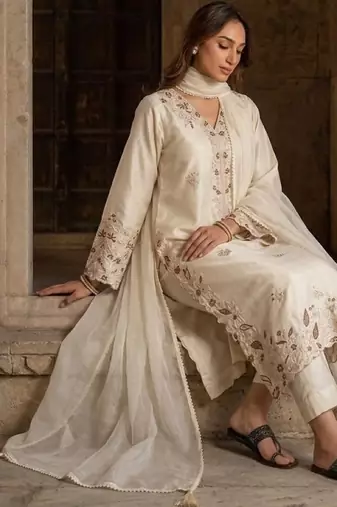 White silk blend readymade suit with embroidery & sequence work