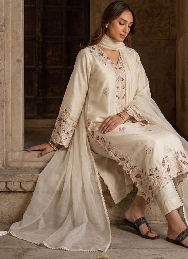 White silk blend readymade suit with embroidery & sequence work