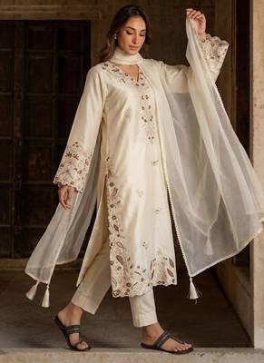 White silk blend readymade suit with embroidery & sequence work 3