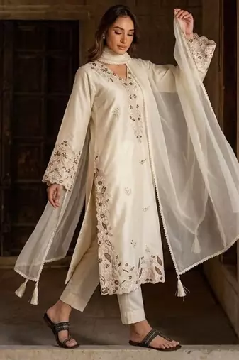 White silk blend readymade suit with embroidery & sequence work
