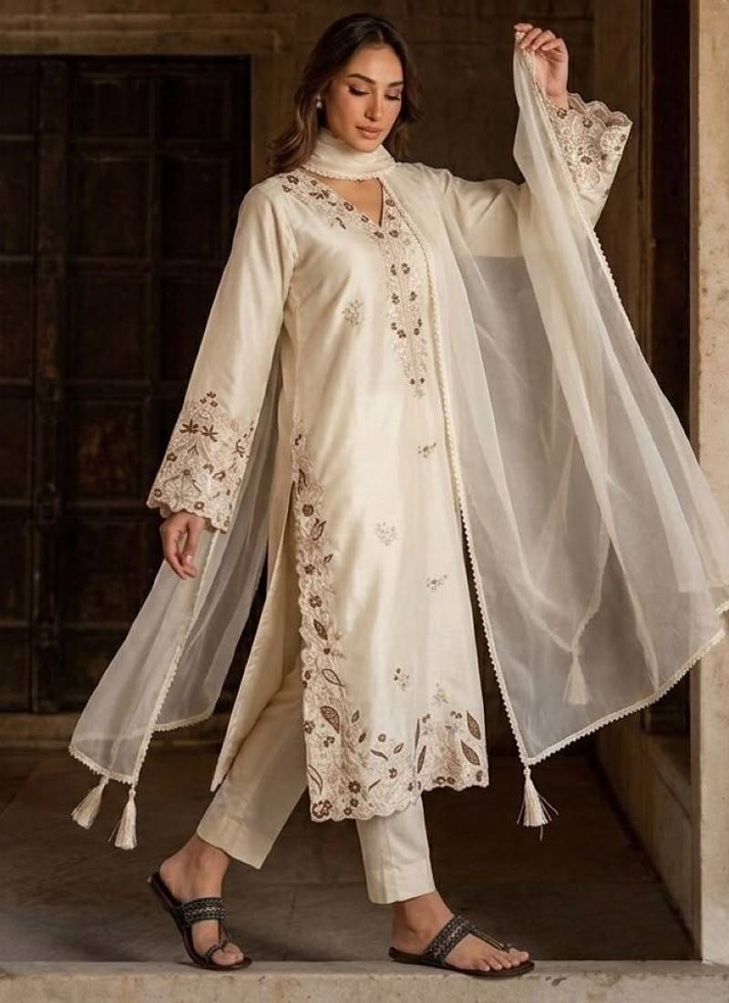 White silk blend readymade suit with embroidery & sequence work