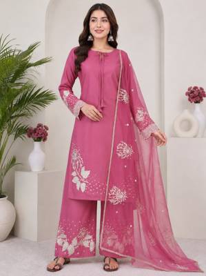 Pink crepe readymade suit with embroidery & sequence work 1