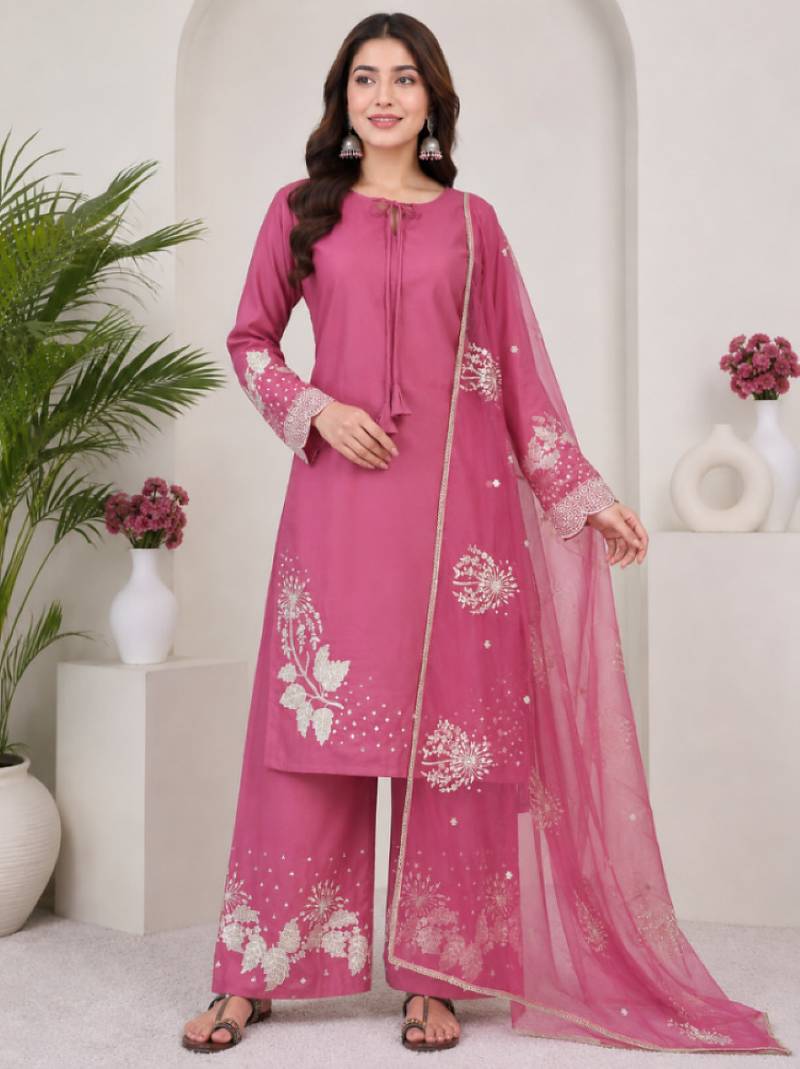 Pink crepe readymade suit with embroidery & sequence work