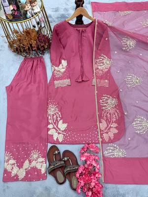 Pink crepe readymade suit with embroidery & sequence work 2