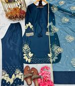 Teal crepe readymade suit with embroidery & sequence work
