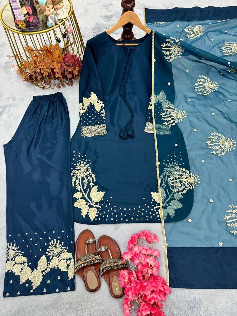 Teal crepe readymade suit with embroidery & sequence work