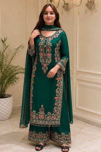 D green georgette readymade suit with embroidery & Sequin work