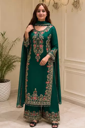 D green georgette readymade suit with embroidery & sequence work