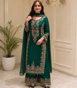 D green georgette readymade suit with embroidery & sequence work