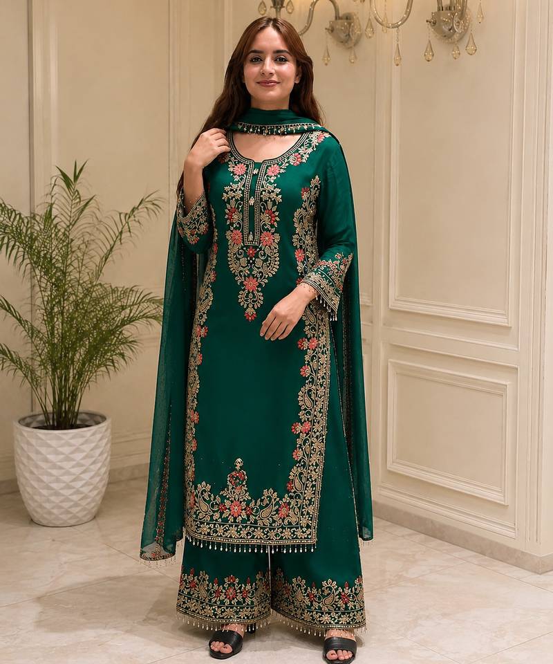 D green georgette readymade suit with embroidery & sequence work
