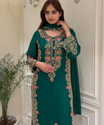 D green georgette readymade suit with embroidery & sequence work 2