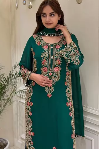 D green georgette readymade suit with embroidery & sequence work