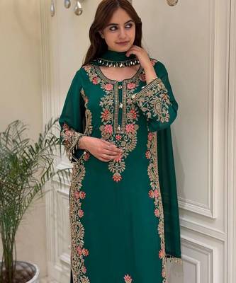 D green georgette readymade suit with embroidery & sequence work 3
