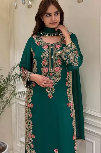 D green georgette readymade suit with embroidery & sequence work