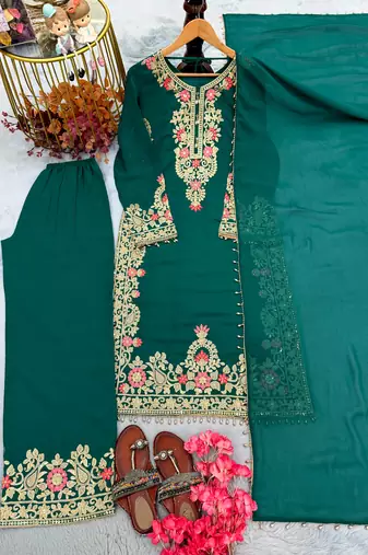 D green georgette readymade suit with embroidery & sequence work