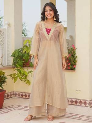 Beige tissue readymade 3 piece suit suit with embroidery & sequence work 1